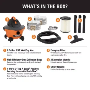 RIDGID 6 Gallon 3.5-Peak HP NXT Wet/Dry Shop Vacuum with Filter, Dust Bags, Hose and Accessories