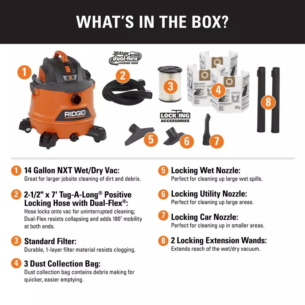 RIDGID 14 Gal. 6.0-Peak HP NXT Wet/Dry Shop Vacuum with Filter, Dust Bags, Hose and Accessories