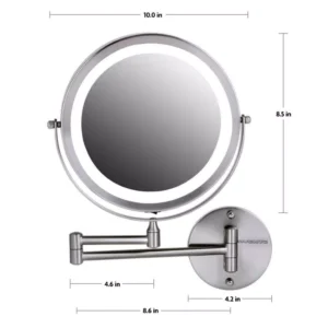 Ovente 13.2 in. H x 1.6 in. W, Small Round Nickel Brushed Lighted Framed Modern Vanity Mirror, 1x 7x Magnification