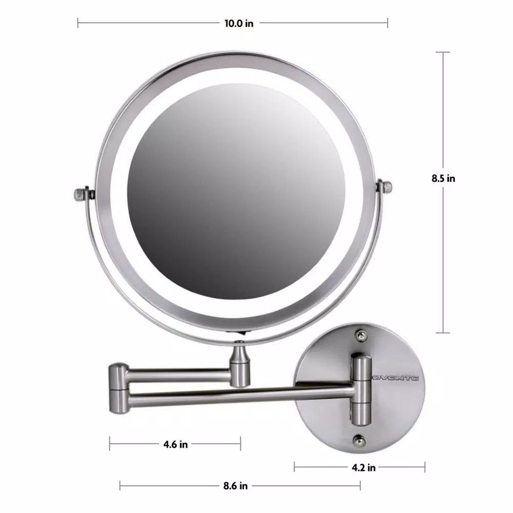 Ovente 13.2 in. H x 1.6 in. W, Small Round Nickel Brushed Lighted Framed Modern Vanity Mirror, 1x 7x Magnification