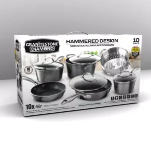 GRANITESTONE 10-Piece Aluminum Hammered Ultra-Durable Non-Stick Diamond Infused Cookware Set in Pewter