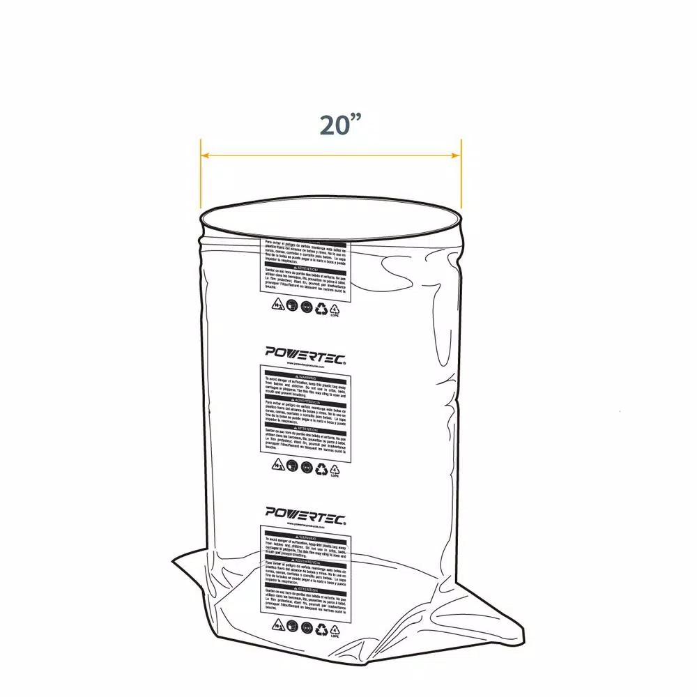 POWERTEC 20 in. Dia x 43 in. Clear Plastic Dust Collection Bag (5-Pack)