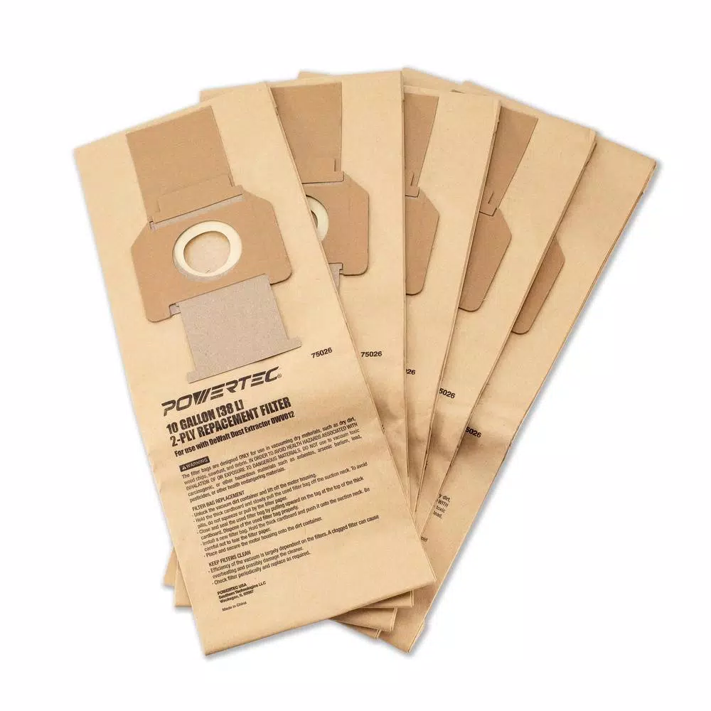 POWERTEC 10 Gal. High Efficiency Filter Bags for DeWalt DWV012 Dust Extractors (5-Pack)