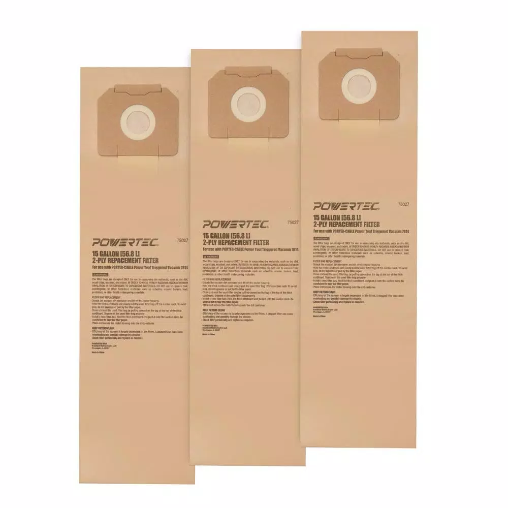 POWERTEC 15 Gal. High Efficiency Filter Bags for PORTER-CABLE 7814 Power Tool Triggered Vacuum (3-Pack)