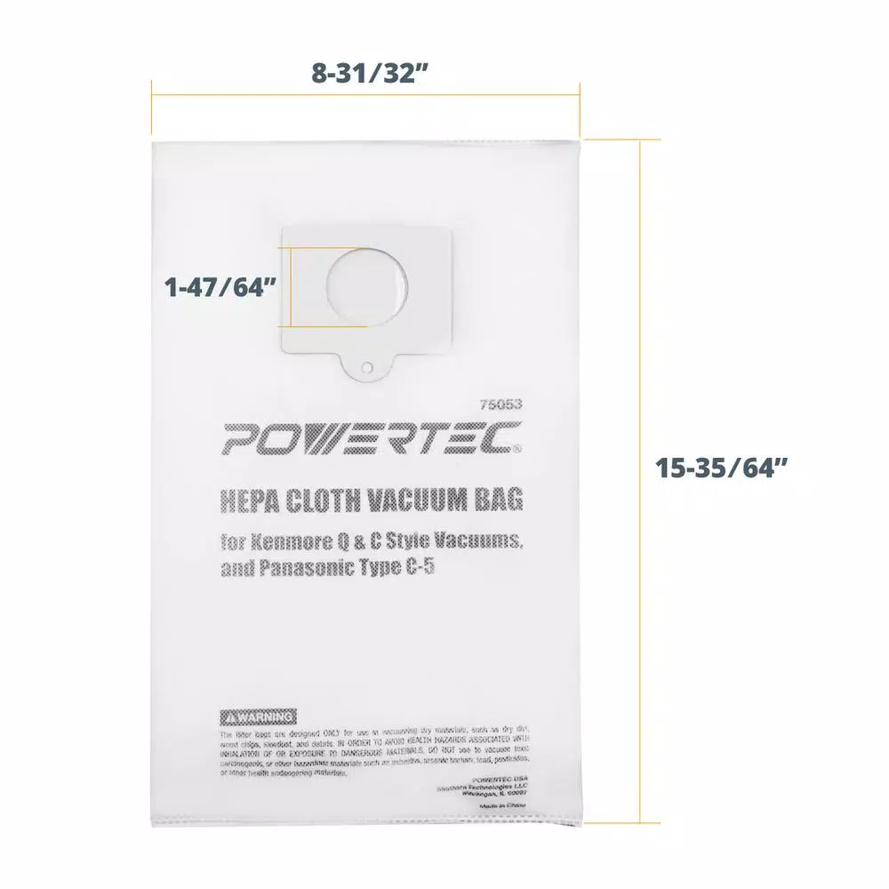 POWERTEC HEPA Cloth Vacuum Bag Replacement for Kenmore Q and C Style Vacuums, and Panasonic Type C-5 (6-Pack)