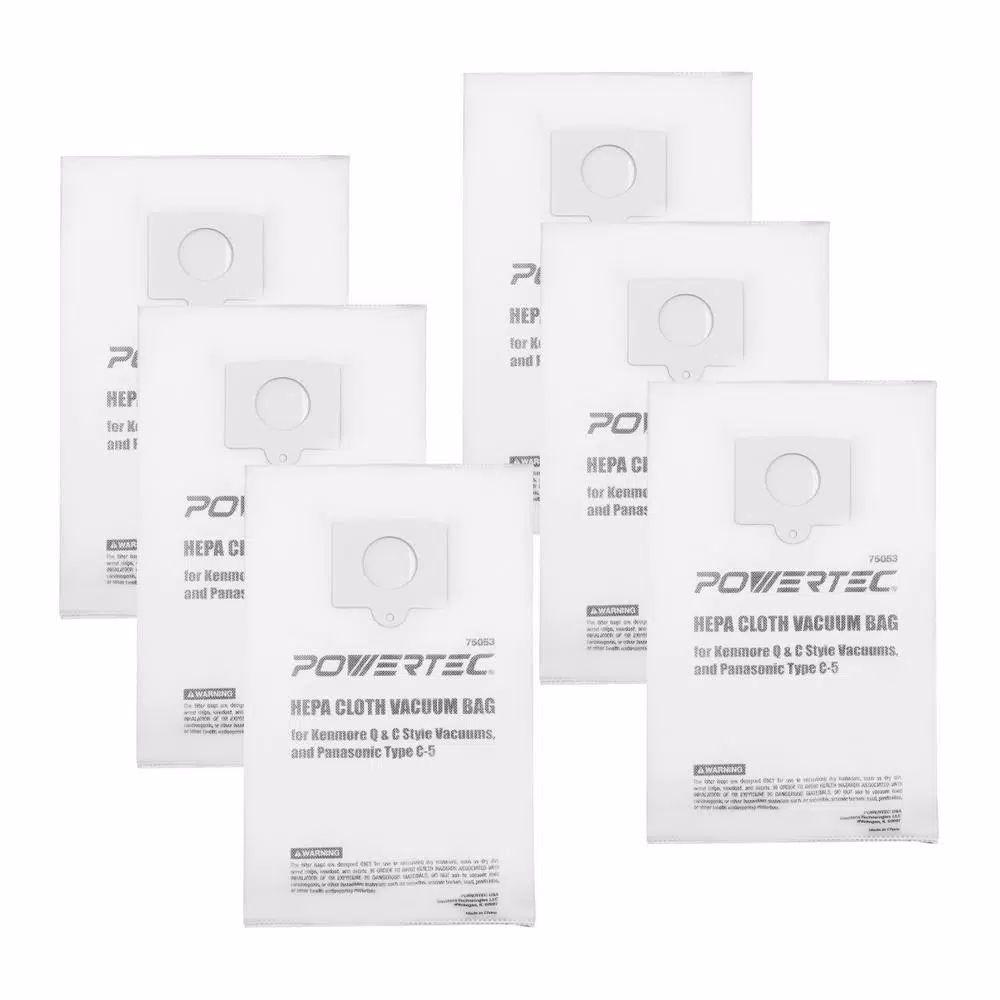 POWERTEC HEPA Cloth Vacuum Bag Replacement for Kenmore Q and C Style Vacuums, and Panasonic Type C-5 (6-Pack)
