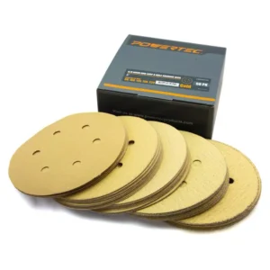 POWERTEC 6 in. A/O Hook and Loop 6-Hole Sanding Disc Assortment Grits 80,100,120,150,220 in Gold (50-Pack)