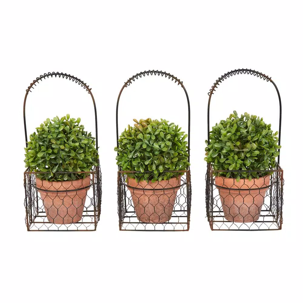 Pure Garden 9.5 in. Faux Boxwood Topiary Arrangement with Decorative Basket (Set of 3)