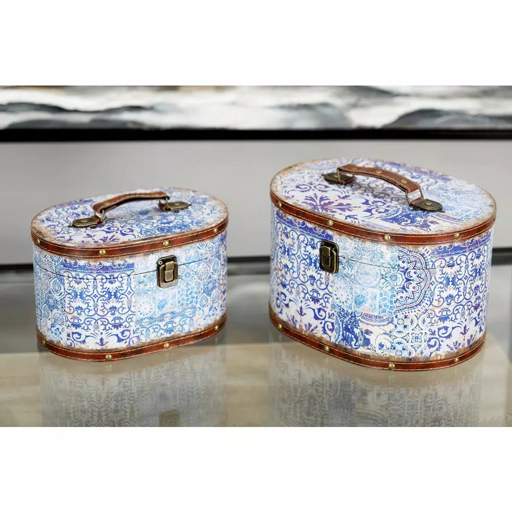 LITTON LANE Oval Wood and Faux Leather Case-Style Boxes with Lid (Set of 2)