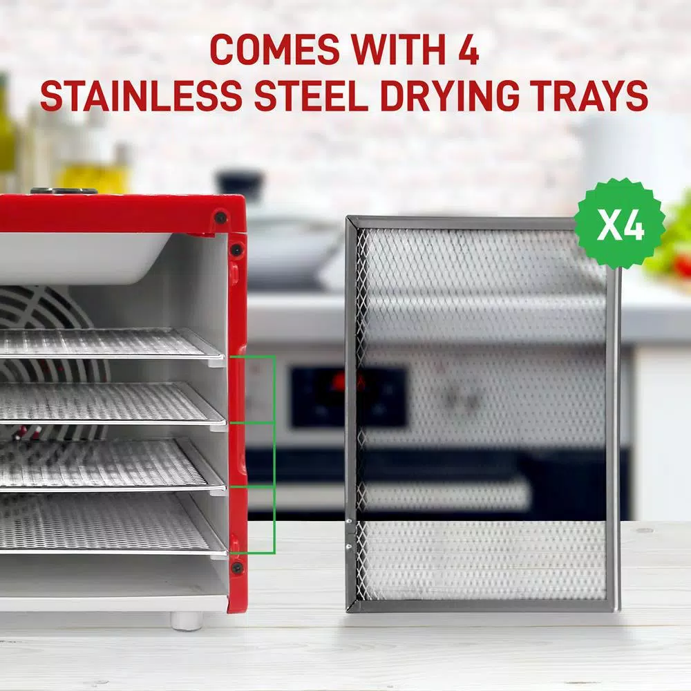 NutriChef 4-Tray Red 350 Watt Premium Food Dehydrator Machine with Digital Timer and Temperature Control