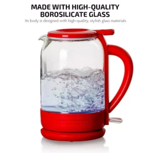 Ovente 6.3-Cup Red Glass Electric Kettle with ProntoFill Technology - Fill Up with the Lid On