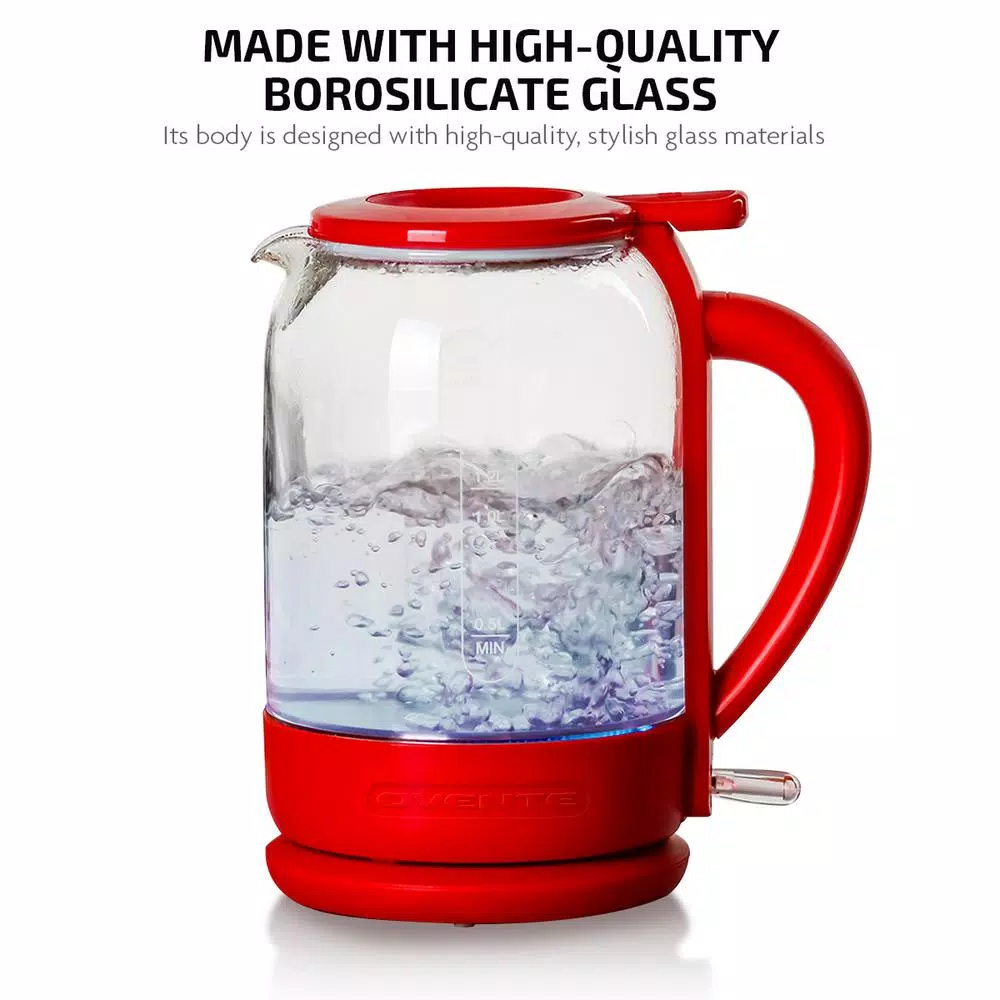 Ovente 6.3-Cup Red Glass Electric Kettle with ProntoFill Technology - Fill Up with the Lid On