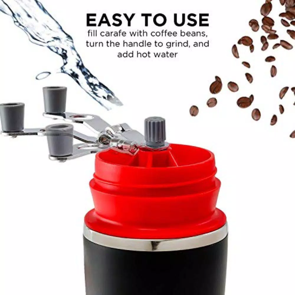 Ovente Single Serve Red Coffee Grinder, French Press, 2-in-1 Carafe Coffee Maker Machine, With Insulated Cup