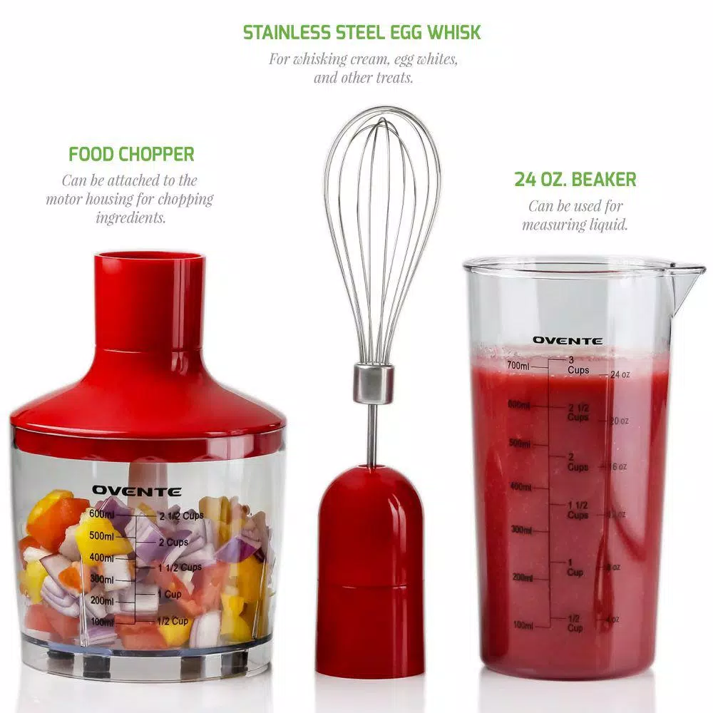 Ovente Ultra-Stick Immersion, 300-Watts, Hand Blender Set, Whisk+Beaker+Chopper, Stainless Steel, 2-Speed Setting
