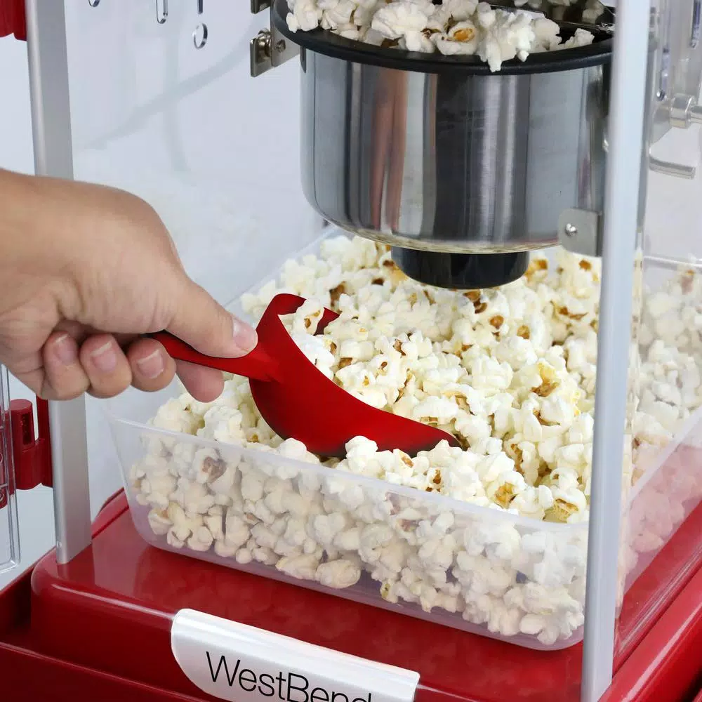 West Bend Popcorn Cart 2.5 oz Non-Stick Stainless Steel Kettle, Makes 10 Cups, Cabinet Built-In Light, with Spoon & Scoop