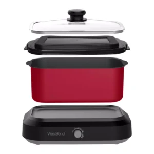 West Bend 5 qt. Red Non-Stick Versatility Slow Cooker with 5-Temperature Settings Includes Travel Lid and Thermal Tote
