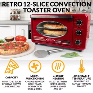 Nostalgia Retro 1500 W 12-Slice Retro Red Convection Toaster Oven with Built in Timer