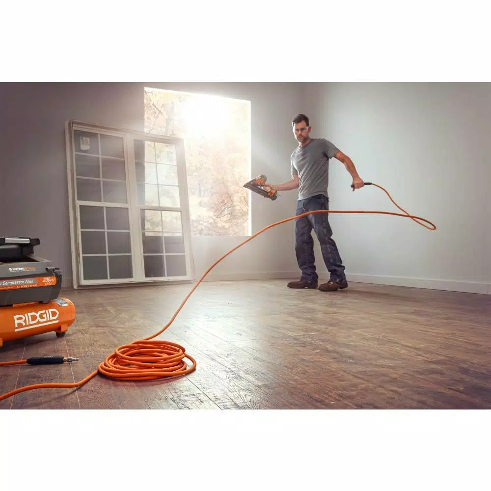RIDGID 18-Gauge 2-1/8 in. Brad Nailer w/ CLEAN DRIVE Technology, Tool Bag, and Sample Nails w/ 1/4 in. 50 ft. Lay Flat Air Hose