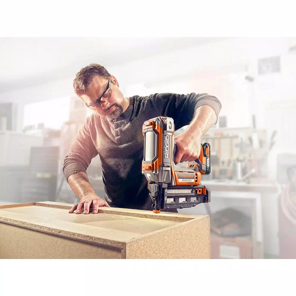 RIDGID 18-Volt Cordless Brushless HYPERDRIVE 16-Gauge 2-1/2 in Straight Nailer, 2 Ah Battery, Charger, Nails, Belt Clip and Bag