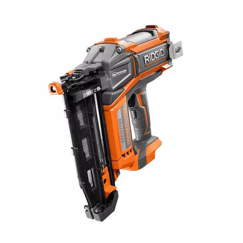 RIDGID 18-Volt Cordless Brushless HYPERDRIVE 16-Gauge 2-1/2 in Straight Nailer, 2 Ah Battery, Charger, Nails, Belt Clip and Bag