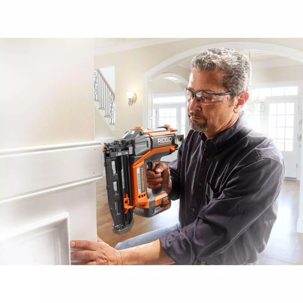RIDGID 18-Volt Cordless Brushless HYPERDRIVE 16-Gauge 2-1/2 in Straight Finish Nailer, 2 Ah Battery, Charger, Belt Clip and Bag