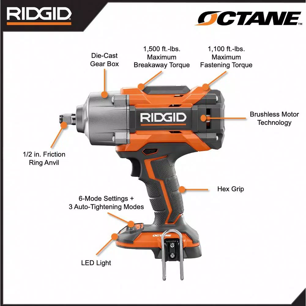 RIDGID 18-Volt OCTANE Cordless Brushless 1/2 in. High Torque 6-Mode Impact Wrench (Tool-Only) with Belt Clip
