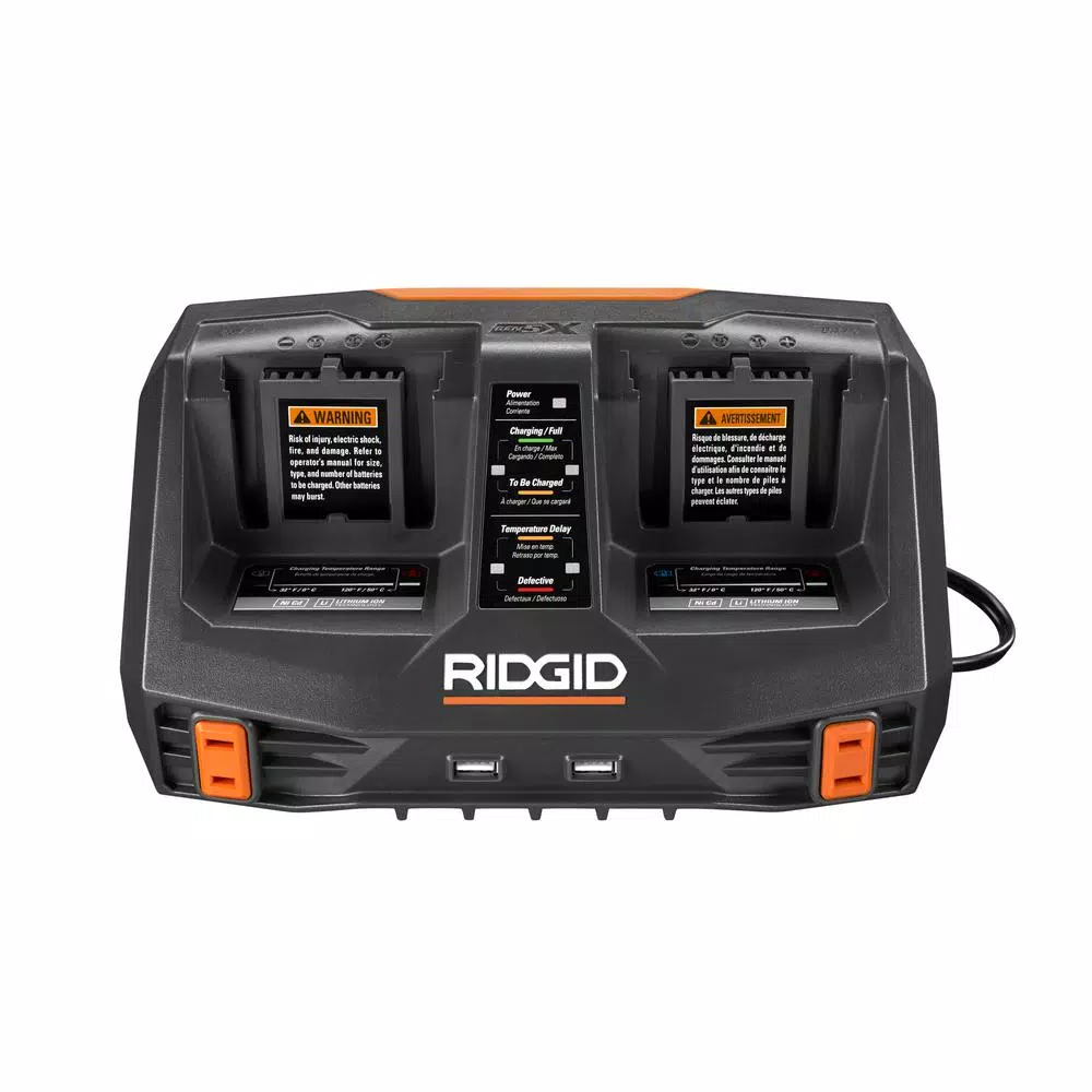 RIDGID 18-Volt Dual Port Dual Chemistry Sequential Charger with Dual USB Ports