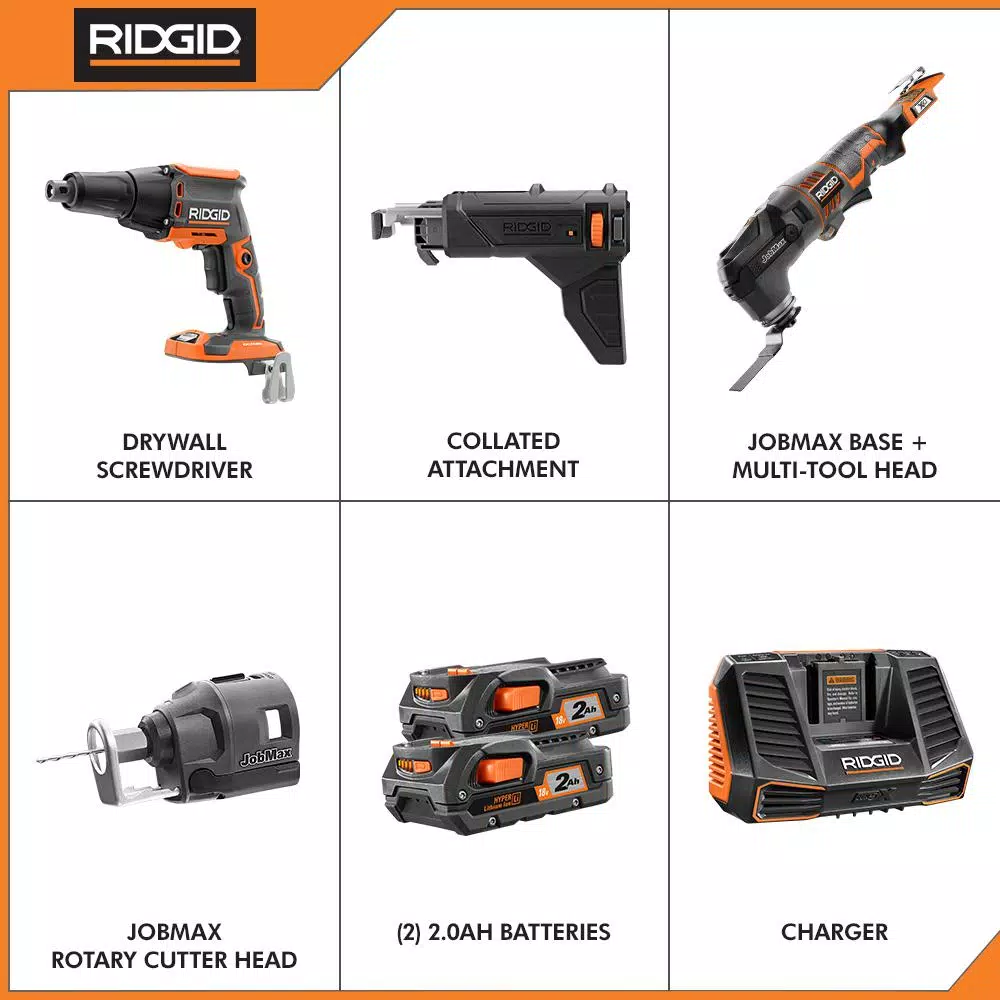 RIDGID 18-Volt Lithium-Ion Cordless Brushless Drywall Screwdriver with JobMax Multi-Tool, (2) 2.0 Ah Batteries, and Charger