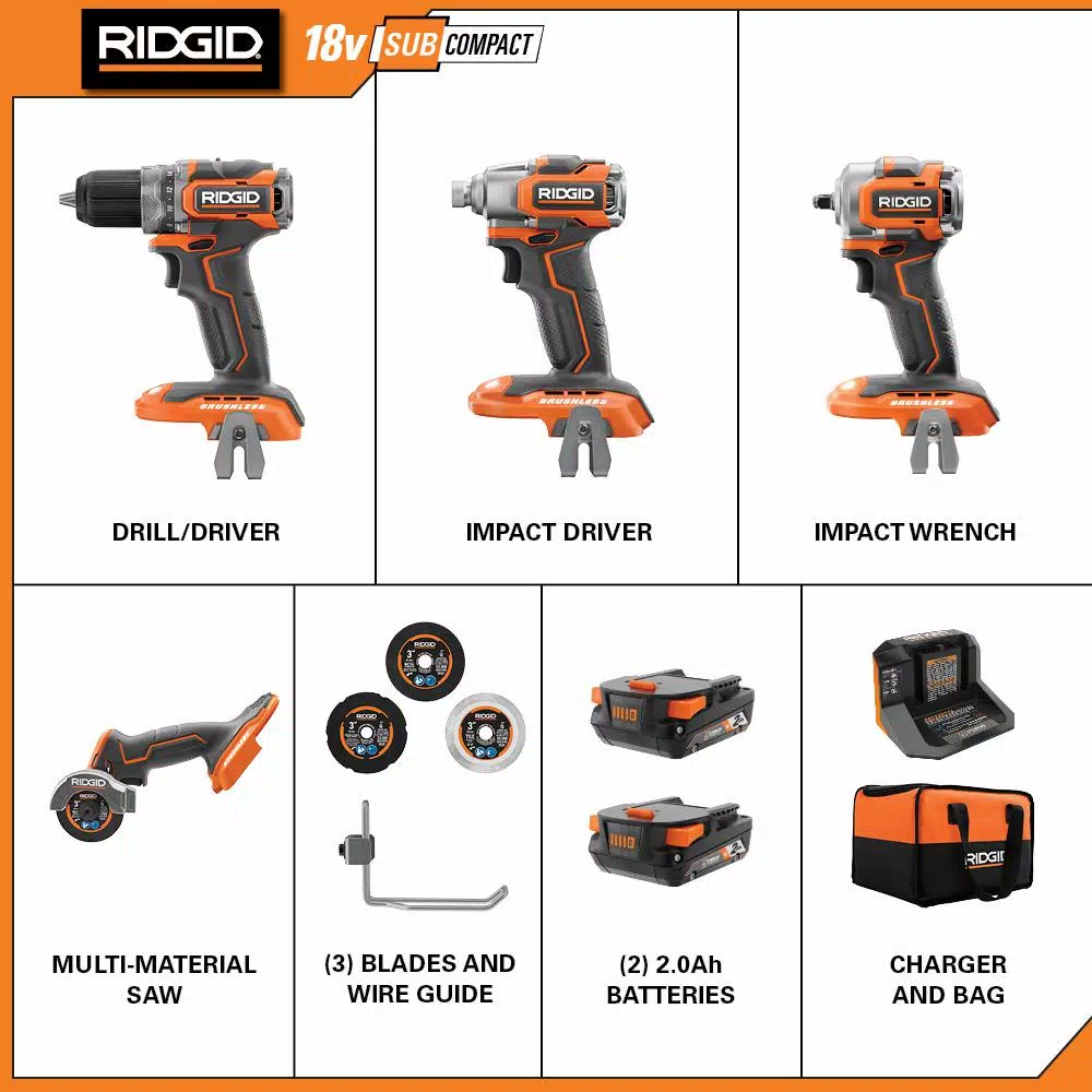 RIDGID 18V SubCompact Lithium-Ion Brushless 2-Tool Combo Kit with 3/8 in. Impact Wrench and 3 in. Multi-Material Saw