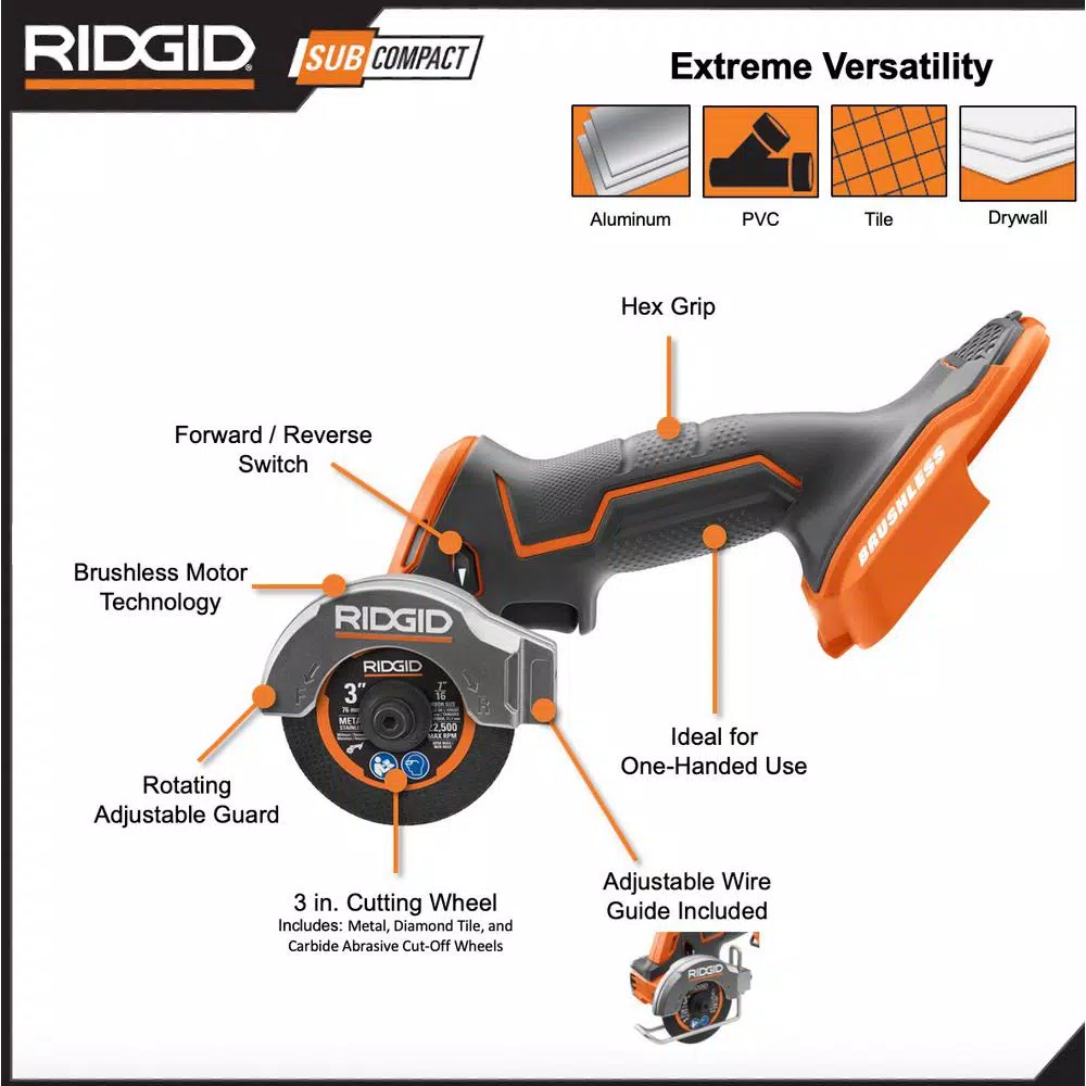 RIDGID 18-Volt SubCompact Lithium-Ion Cordless Brushless 3 in. Multi-Material Saw (Tool Only) with (3) Cutting Wheels