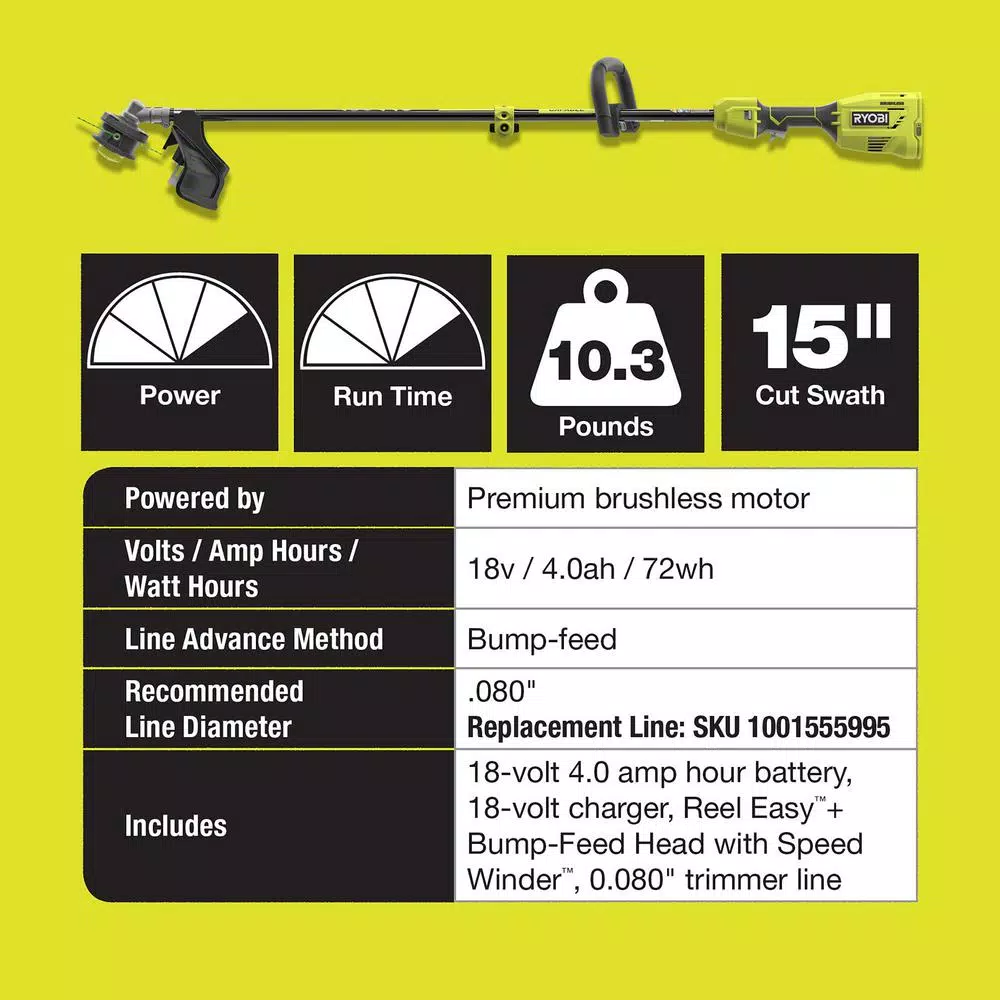 RYOBI ONE+ 18-Volt Cordless Attachment Capable Brushless String Trimmer and Leaf Blower, 4.0 Ah Battery and Charger Included