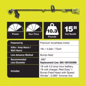 RYOBI ONE+ 18-Volt Cordless Attachment Capable Brushless String Trimmer and Pruner, 4.0 Ah Battery and Charger Included