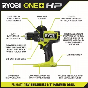 RYOBI ONE+ HP 18V Brushless Cordless 1/2 in. Hammer Drill Kit with (1) 4.0 Ah HIGH PERFORMANCE Battery, Charger, and Tool Bag