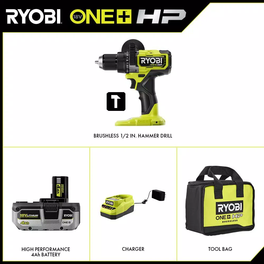 RYOBI ONE+ HP 18V Brushless Cordless 1/2 in. Hammer Drill Kit with (1) 4.0 Ah HIGH PERFORMANCE Battery, Charger, and Tool Bag