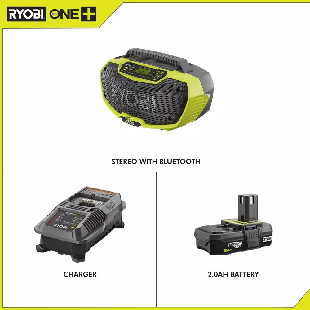 RYOBI 18-Volt ONE+ Hybrid Stereo with Bluetooth Wireless Technology with 2.0 Ah Battery and Charger Kit
