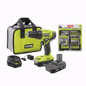 RYOBI ONE+ 18V Cordless 1/2 in. Drill Driver Kit w/ (2) 1.5 Ah Batteries, Charger, & Bag w/ Impact Rated Driving Kit (70Piece)