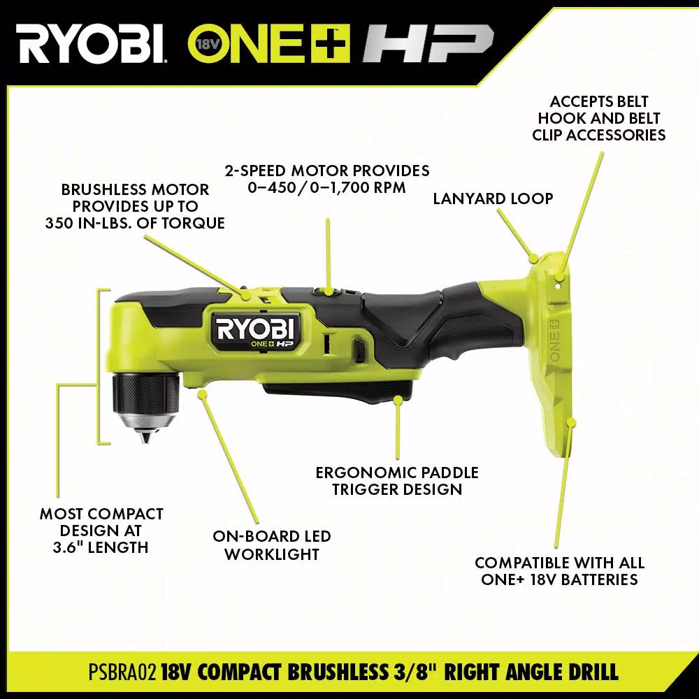 RYOBI ONE+ HP 18V Brushless Cordless Compact 3/8 in. Right Angle Drill and Compact One-Handed Reciprocating Saw (Tools Only)