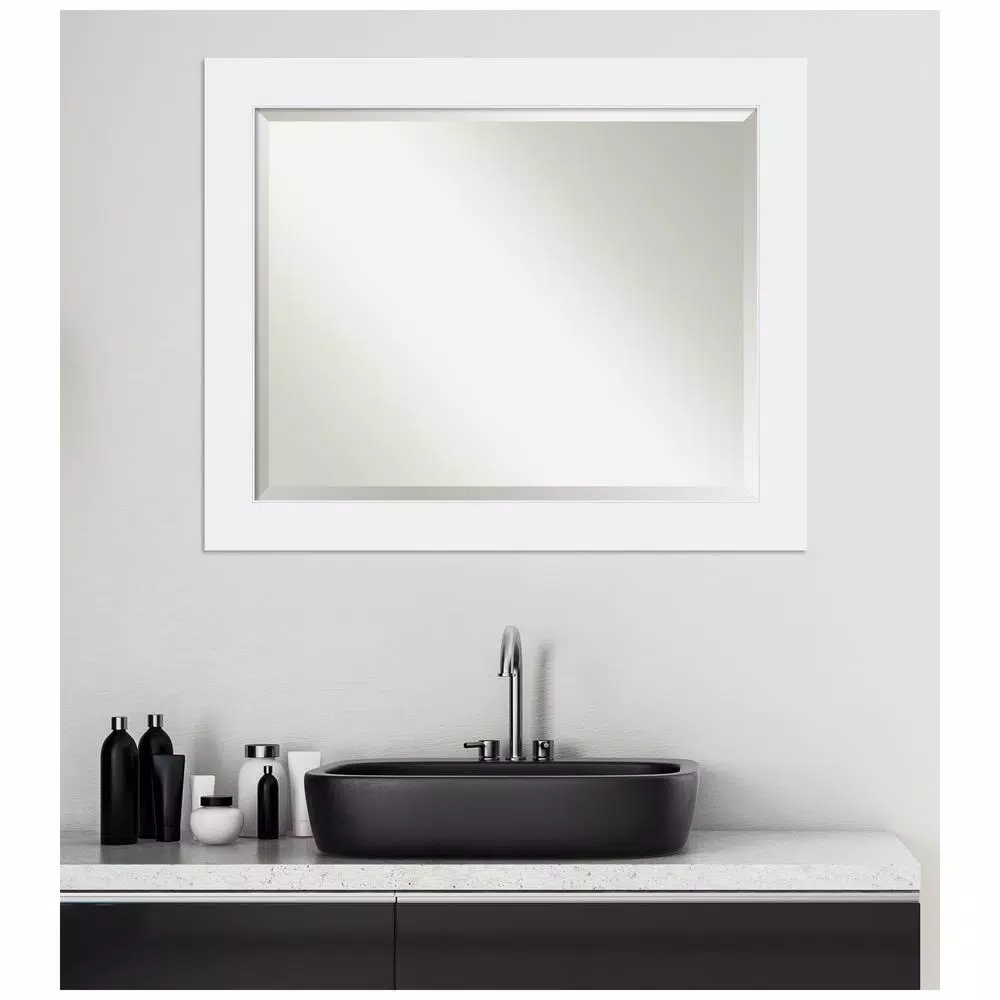 Amanti Art Corvino 33 in. W x 27 in. H Framed Rectangular Beveled Edge Bathroom Vanity Mirror in Satin White