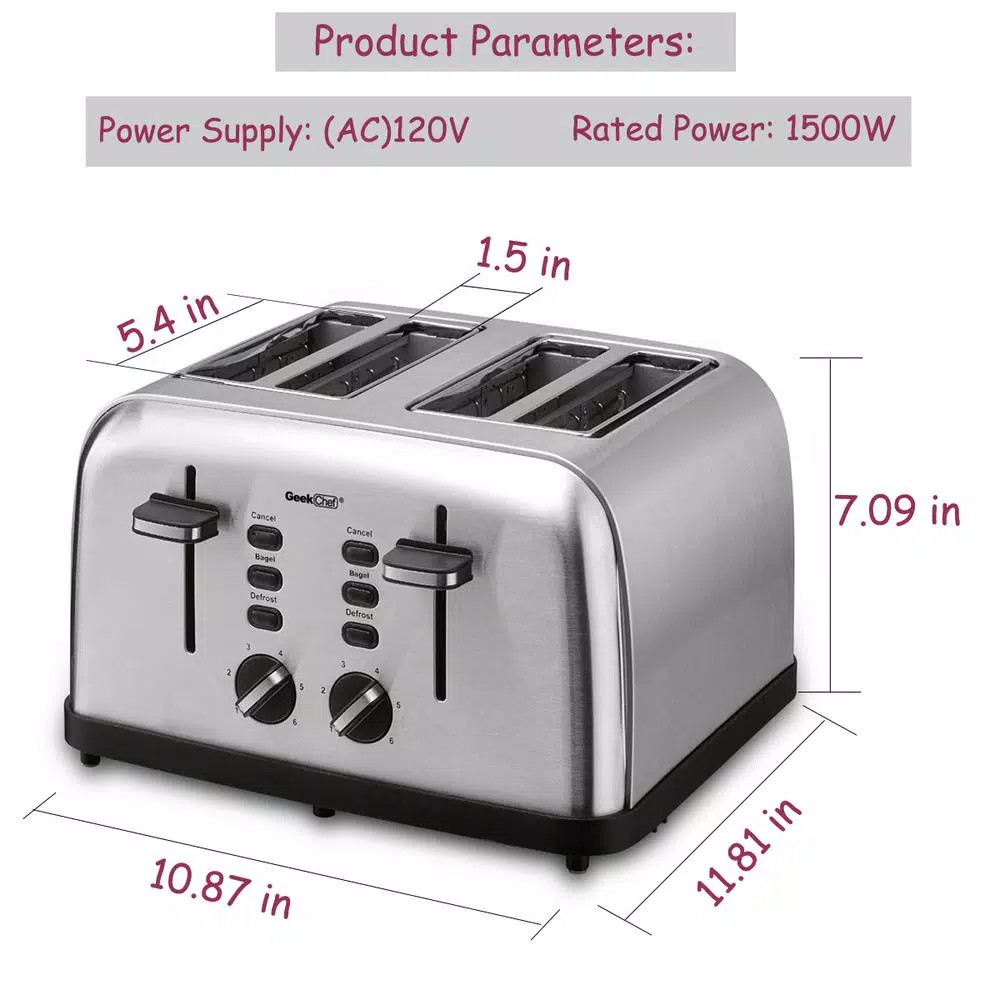 Boyel Living 1500 W 4-Slice Silver Wide Slot Toaster with Dual Control Panels