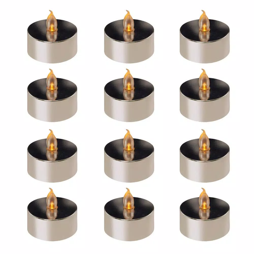 LUMABASE Battery Operated Silver Plated LED Tea Lights (12-Count)