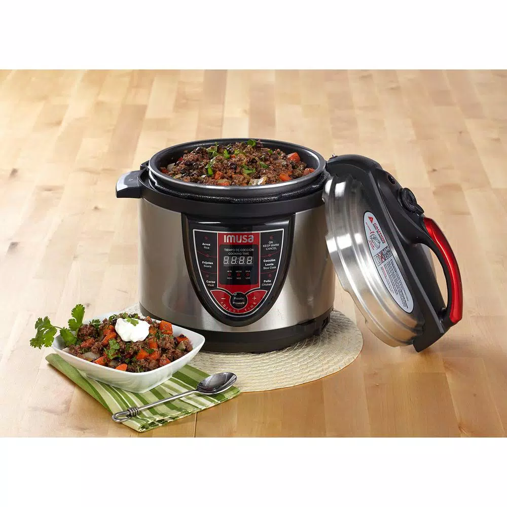 IMUSA 5 Qt. Silver and Red Electric Pressure Cooker with Locking Lid