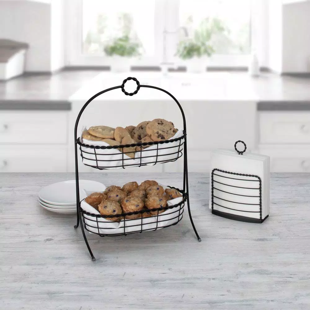 Spectrum Everly Dual Server Baskets, For Fruit, Produce, Bread, K-Cups, Snacks & More, Black