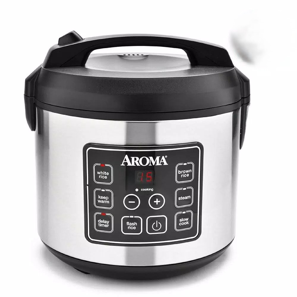 AROMA 20-Cup Silver Rice Cooker with Food Steamer and Slow Cooker Functions