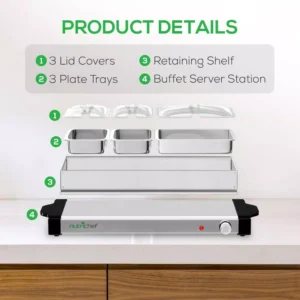 NutriChef 27.6 in. 3-Burner Stainless Steel Electric Food Warming Tray - Buffet Server Hot Plate Food Warmer