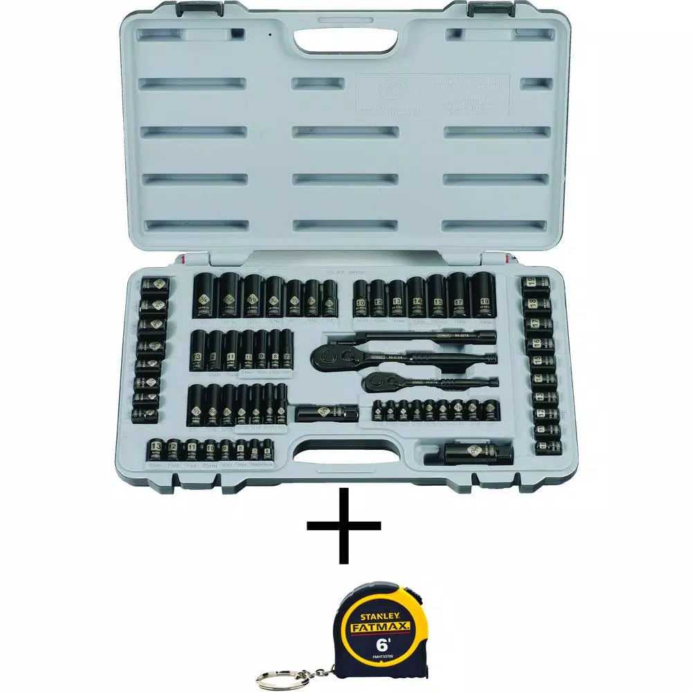 Stanley 1/4 in. & 3/8 in. Drive Black Chrome Laser Etched SAE Mechanics Tool Set (69-Piece) w/FATMAX 6 ft. Tape Measure