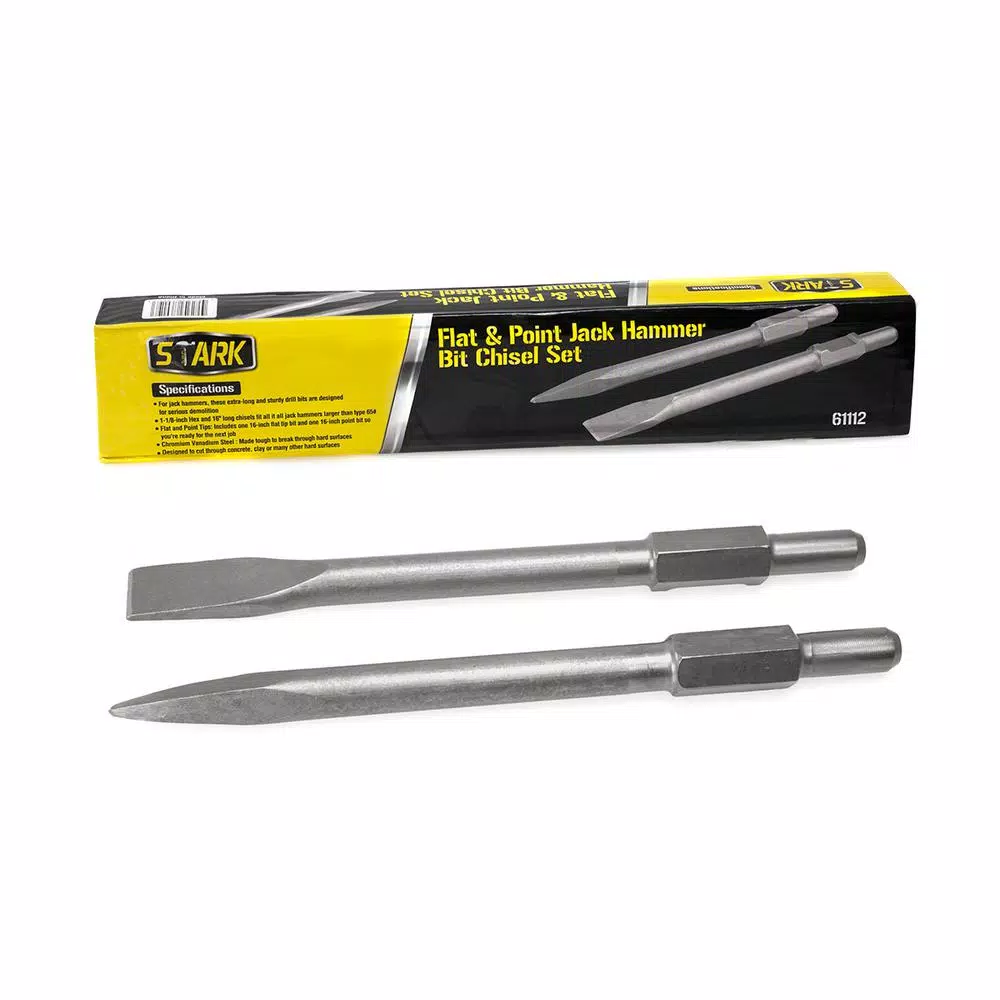 Stark 16 in. Flat and Point Bit Chisel and 1-1/8 in. Steel Hex Shank for Electric Demolition Jack Hammer (2-Piece)