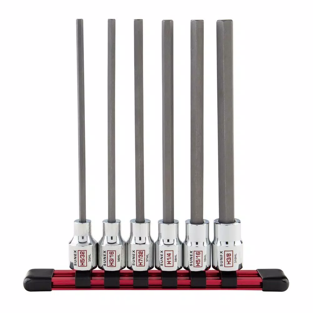 SUNEX TOOLS 3/8 in. Drive SAE Chrome Long Hex Bit Socket Set with Rail (6-Piece)
