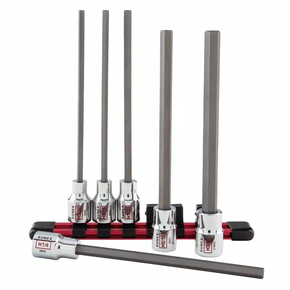 SUNEX TOOLS 3/8 in. Drive SAE Chrome Long Hex Bit Socket Set with Rail (6-Piece)