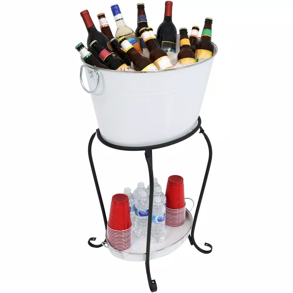 Sunnydaze Decor White Steel Ice Bucket Beverage Holder with Stand and Tray