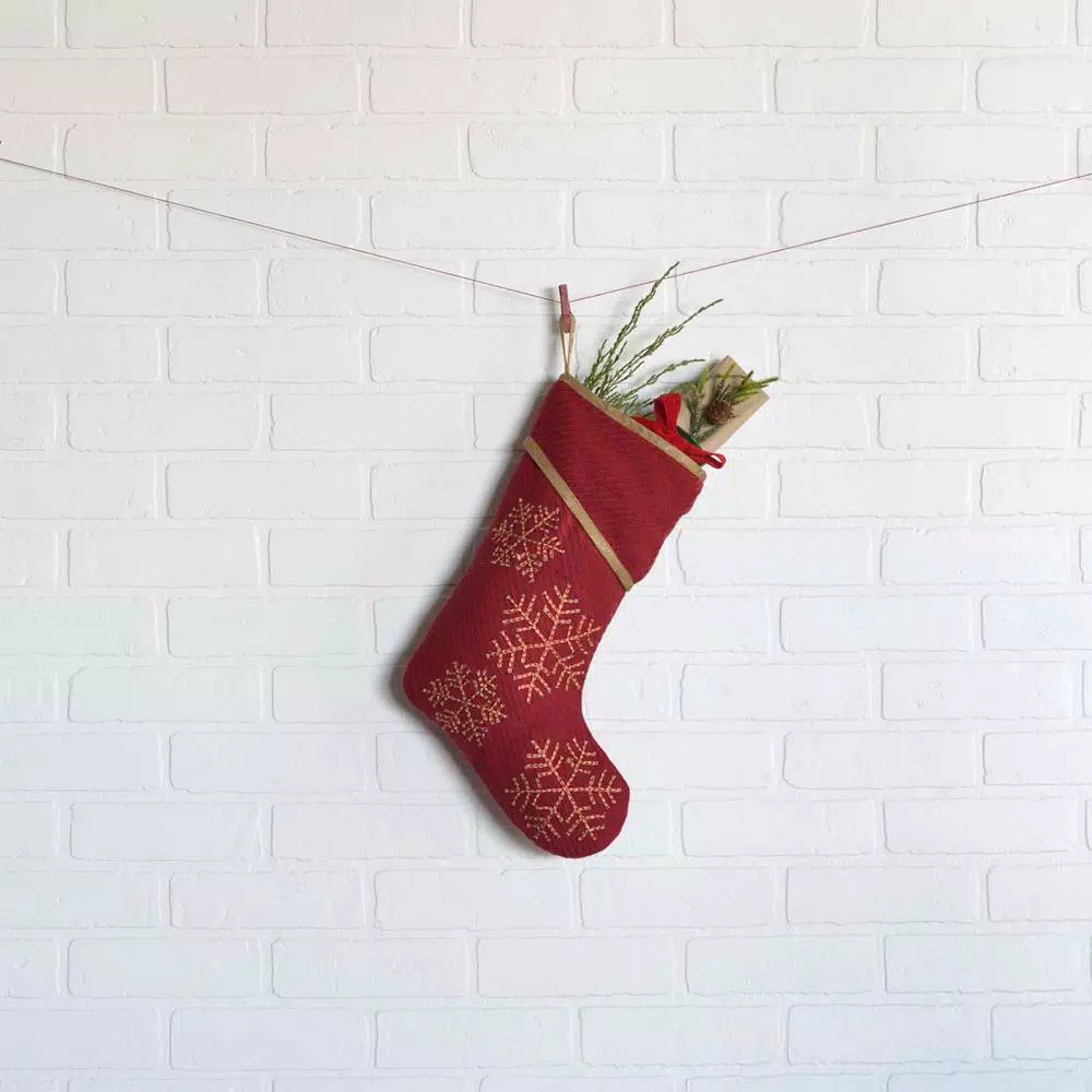 VHC Brands 15 in. Cotton/Nylon Revelry Brick Red Traditional Christmas Decor Stocking